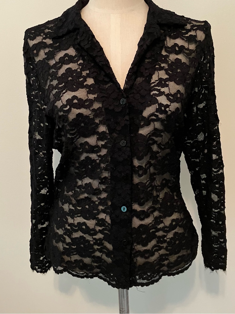 VTG Women’s Black Lace Sheer Blouse L Button Front Whimsygoth 90s Y2K Express
